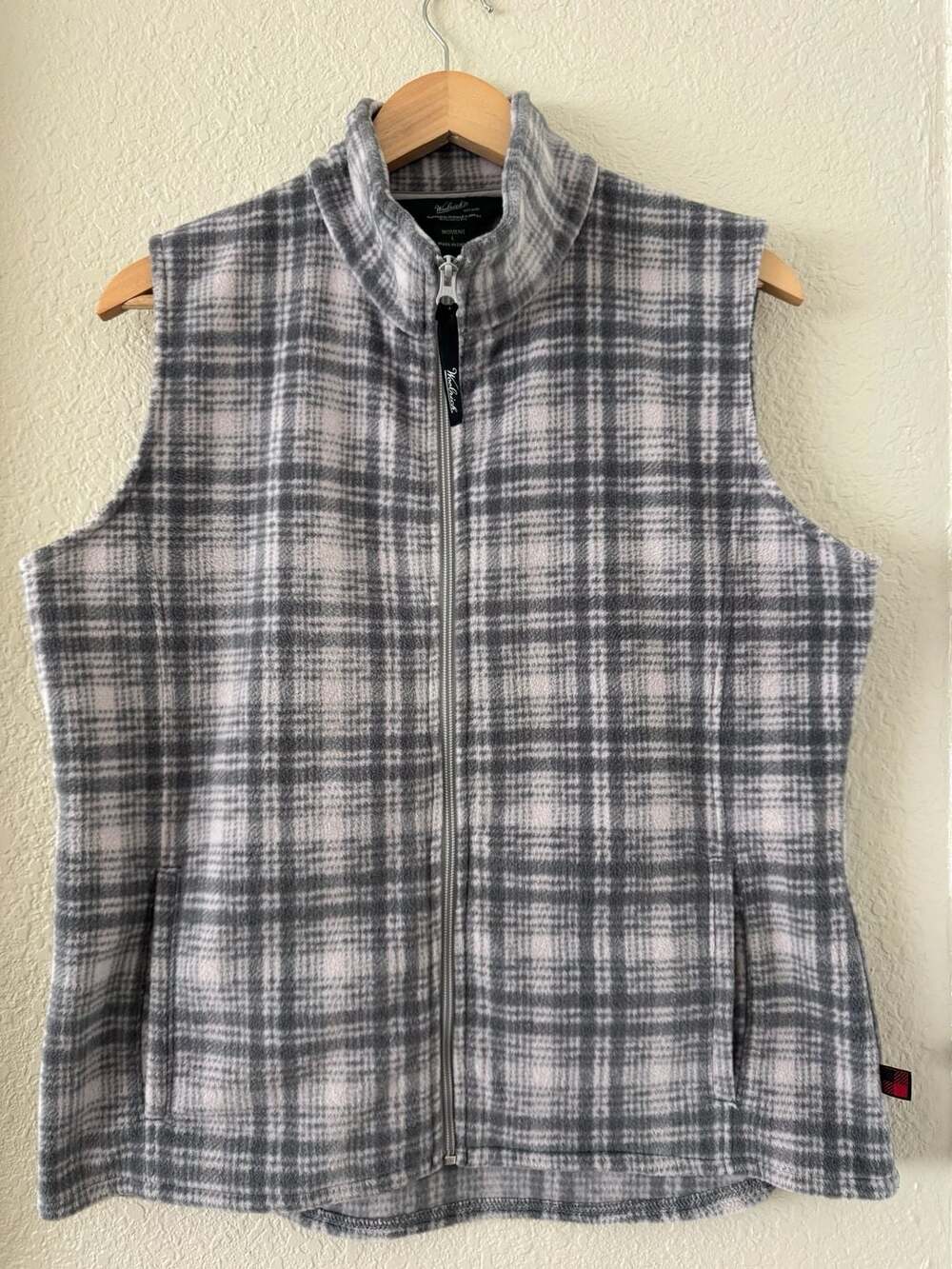 Woolrich Fleece Vest Size L Gray White Plaid Full Zip Mock Neck